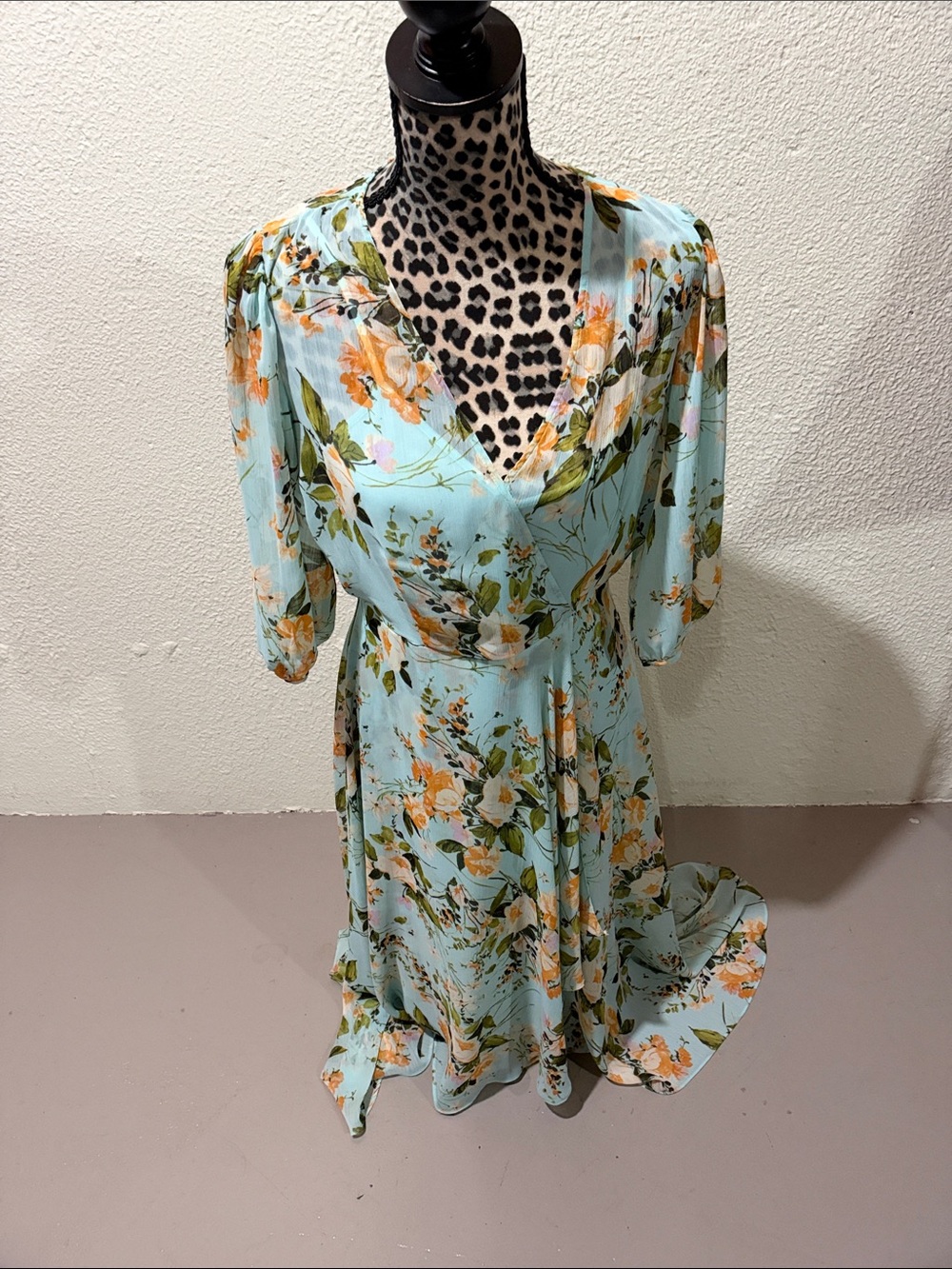 Calvin Klein Pale Blue Floral Wrap Midi Dress